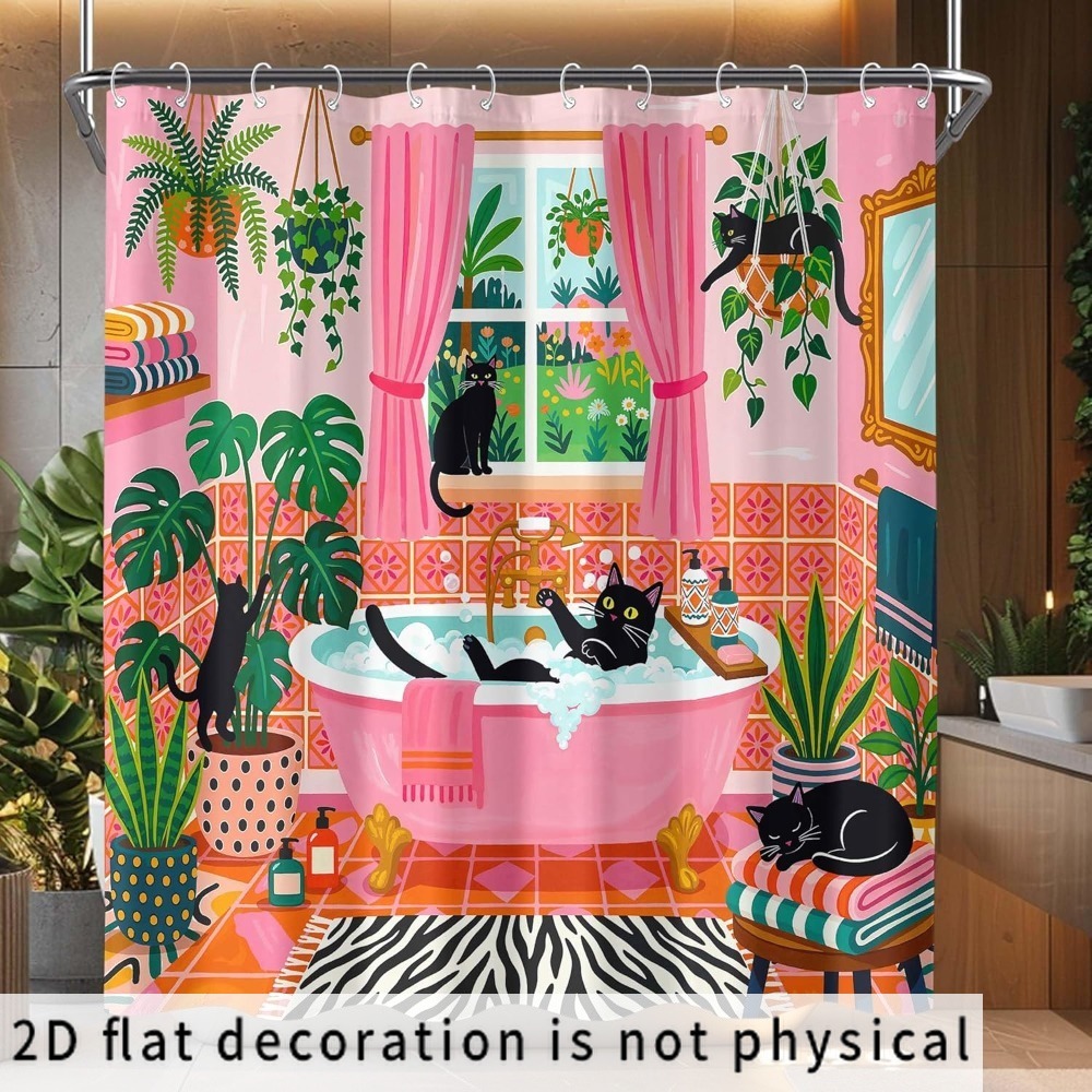 Shower Curtain Liner - Whimsical Cat and Plant Pattern Shower