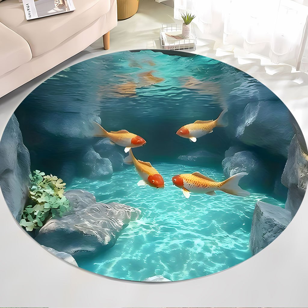 Koi Fish Pond Round Rug Fleece - Home Bathroom Scene 评论和价格