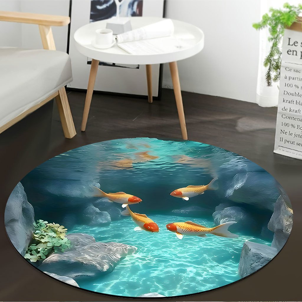 Koi Fish Pond Round Rug Fleece - Home Bathroom Scene 评论和价格